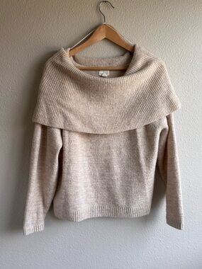 Caslon Beige Off-Shoulder Fold-Over Sweater
